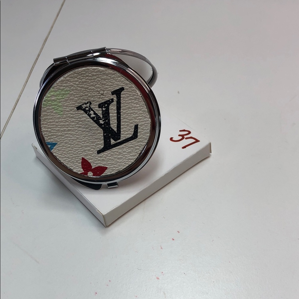 Louis Vuitton White Leather Compact Mirror with Multicolor Monogram Accents